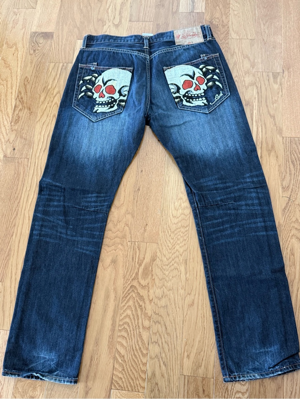 Ed Hardy Men's Straight Jeans with Skull Pocket Embroidery in Dark Blue and Red